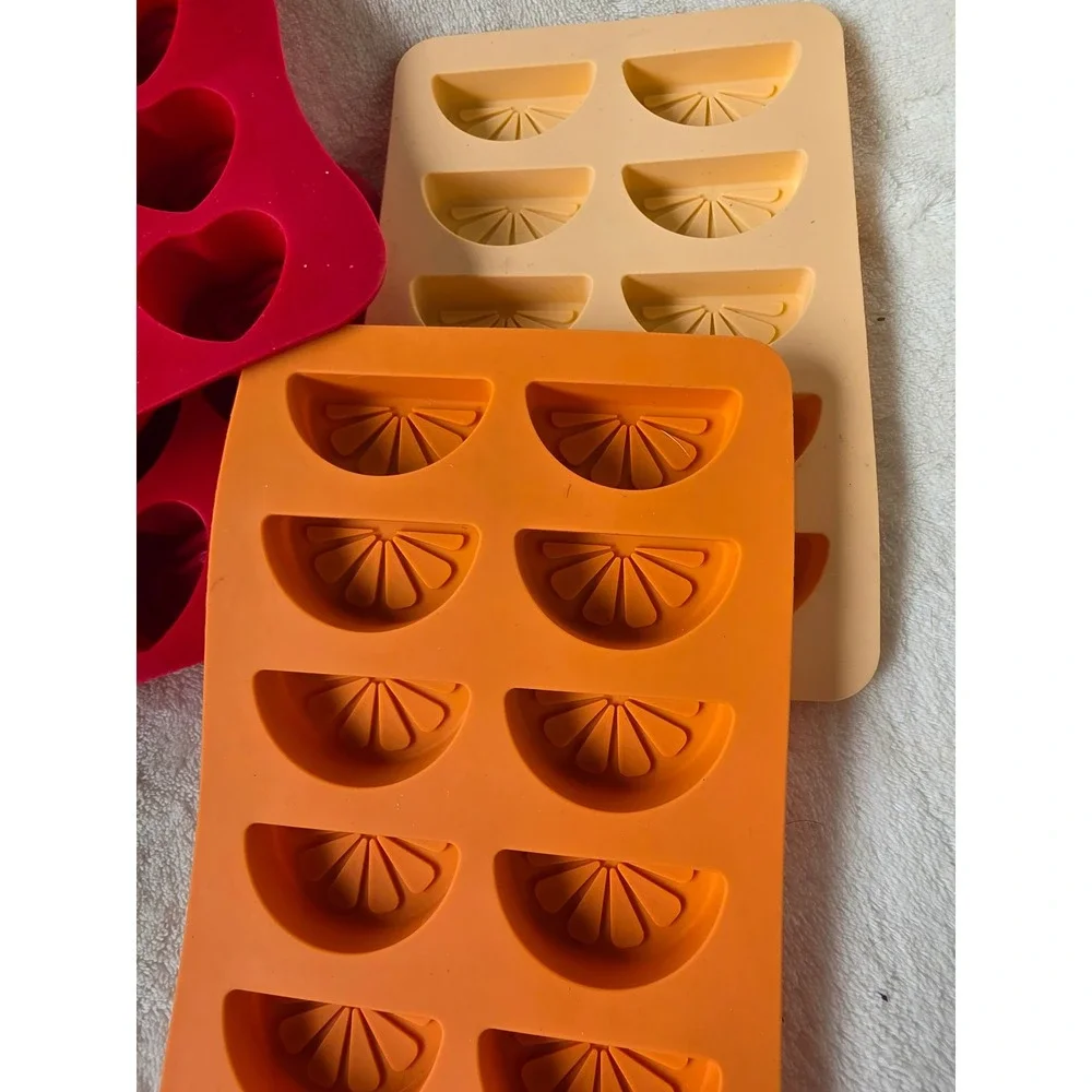 Silicone Candy Ice Mold Set 4pc Red Hearts Orange Yellow Citrus Fruit Slices